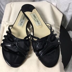 Jimmy Choo Black Patent Multi-Strap Slide Mules